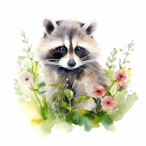 Clipart raton laveur, raton laveur dans les prés, 10 images clipart aquarelle, fichiers JPG imprimables, téléchargement immédiat, usage commercial, créations en papier