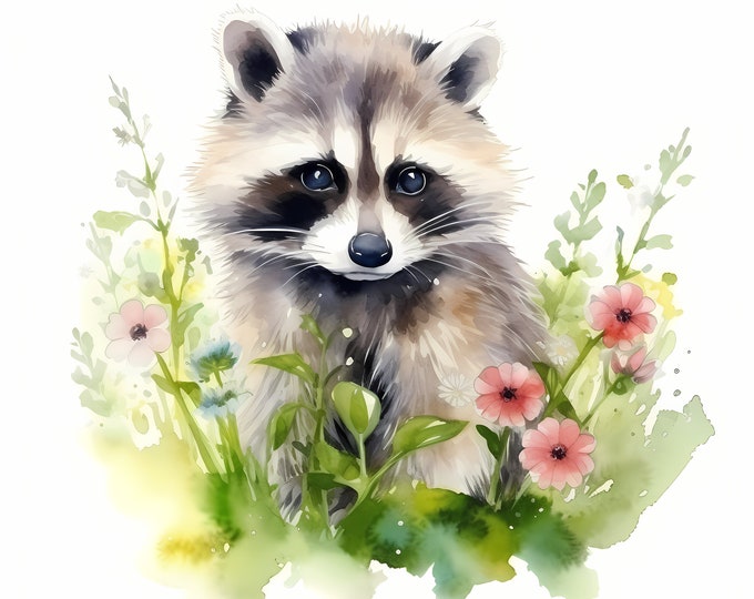 Raccoon Clipart, Raccoon in Meadow Images, 10 Watercolor Clip Art, Printable JPGs, Instant Download, Commercial Use, Paper craft