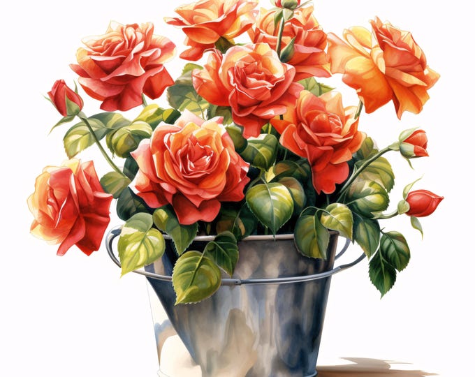 Rose Pot Clipart, Blooming Flowers Images, 10 Watercolor Clip Art, Printable JPGs, Instant Download, Commercial Use, Paper craft