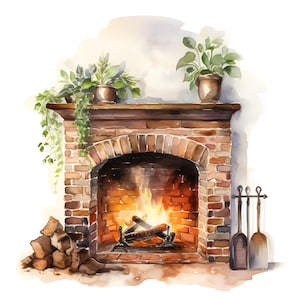 Clipart di un caminetto accogliente, immagini di caminetti natalizi, 10 clipart ad acquerello, JPG stampabili, download istantaneo, uso commerciale, creazione di carta