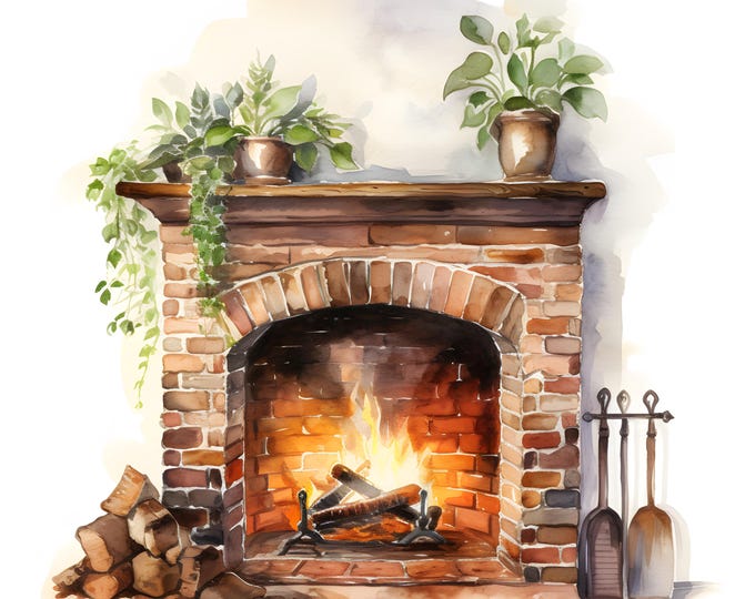 Cozy Fireplace Clipart, Christmas Fireplace Images, 10 Watercolor Clip Art, Printable JPGs, Instant Download, Commercial Use, Paper craft
