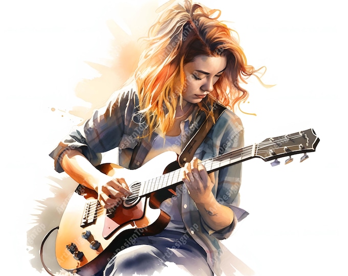 Woman With Guitar Clipart, Woman Playing Images, 10 Watercolor Clip Art, Printable JPGs, Instant Download, Commercial Use, Paper craft