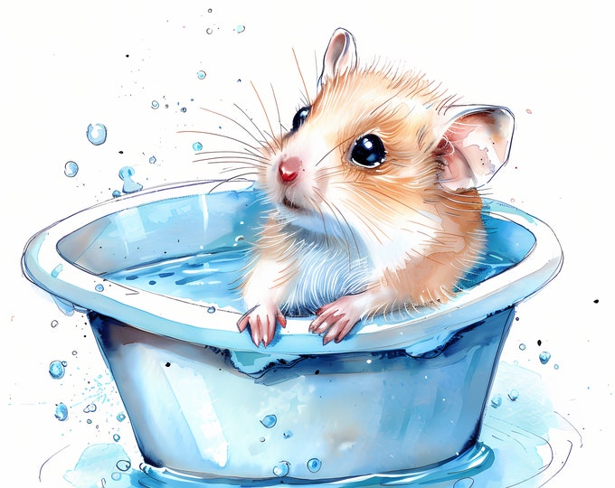 Hamster in Bathtub Clipart, Hamster Washing Images, 10 Watercolor Clip Art, Printable JPGs, Instant Download, Commercial Use, Paper craft