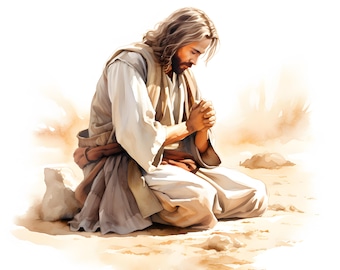 Jesus Praying Watercolor Clipart: Printable JPG Images (Commercial Use)