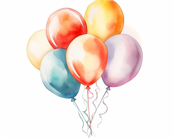 Coloured Balloons Clipart, Party Balloons Images, 10 Watercolor Clip Art, Printable JPGs, Instant Download, Commercial Use, Paper craft