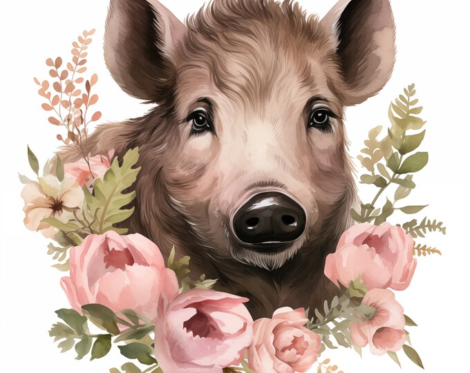 Wild Boar Clipart, Boar with Flowers Images, 10 Watercolor Clip Art, Printable JPGs, Instant Download, Commercial Use, Paper craft