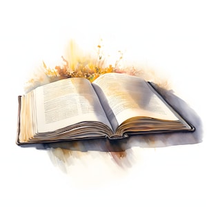 May include: An open book with yellowed pages and a brown leather cover. The book is lying open on a white background with a watercolor effect of yellow and orange flowers.