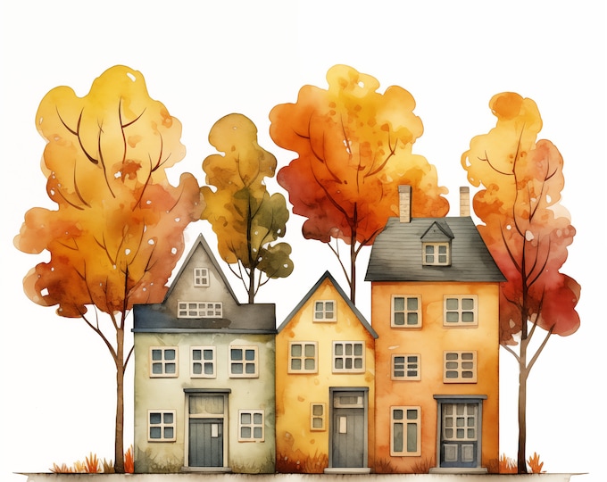 Autumn House Clipart, Quirky House Images, 10 Watercolor Clip Art, Printable JPGs, Instant Download, Commercial Use, Paper craft