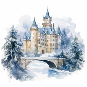 Winter Castle Clipart, Snow Palace Images, 10 Watercolor Clip Art, Printable JPGs, Instant Download, Commercial Use, Paper craft
