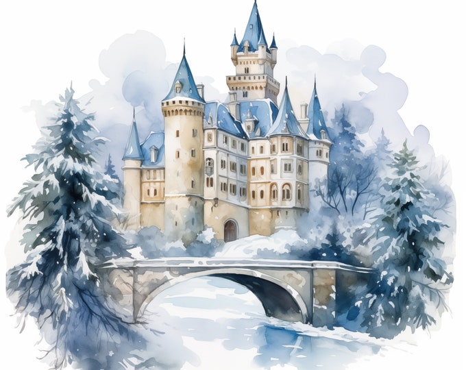 Winter Castle Clipart, Snow Palace Images, 10 Watercolor Clip Art, Printable JPGs, Instant Download, Commercial Use, Paper craft