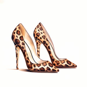 Leopard High Heels Watercolor Clipart: Prom Shoes Images (JPGs, Instant Download)