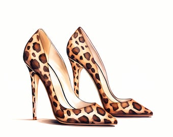 Leopard High Heels Watercolor Clipart: Prom Shoes Images (JPGs, Instant Download)