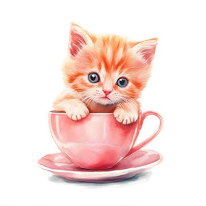 Clipart di gattino in tazza da tè, immagini di gattino rosa, 10 clipart ad acquerello, JPG stampabili, download immediato, uso commerciale, artigianato di carta