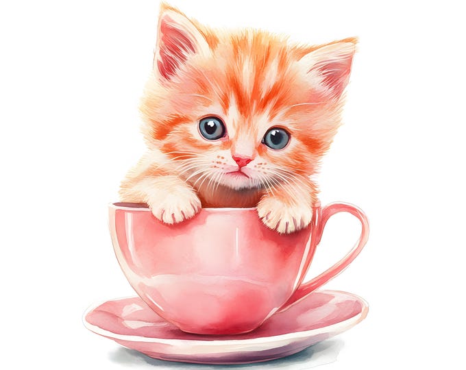Kitten in Teacup Clipart, Pink Kitten Images, 10 Watercolor Clip Art, Printable JPGs, Instant Download, Commercial Use, Paper craft