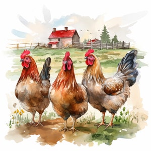 Kippen clipart, boerderij kippen afbeeldingen, 10 aquarel illustraties, afdrukbare JPG's, Instant Download, Commercieel gebruik, Papercraft
