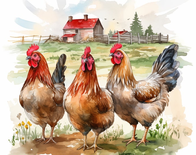 Chickens Clipart, Farm Chickens Images, 10 Watercolor Clip Art, Printable JPGs, Instant Download, Commercial Use, Paper craft