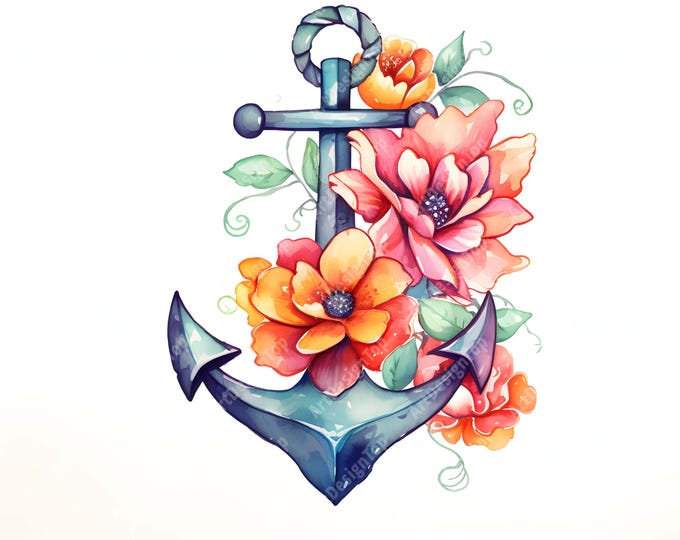Floral Anchor Clipart, Anchor With Flowers Images, 10 Watercolor Clip Art, Printable JPGs, Instant Download, Commercial Use, Paper craft