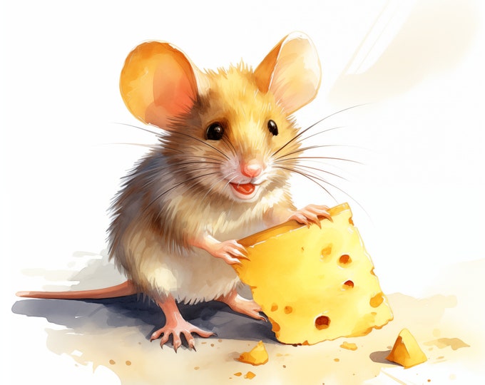 Mouse with Cheese Clipart, Mouse Eating Cheese Images, 10 Watercolor Clip Art, Printable JPGs, Instant Download, Commercial Use, Paper craft
