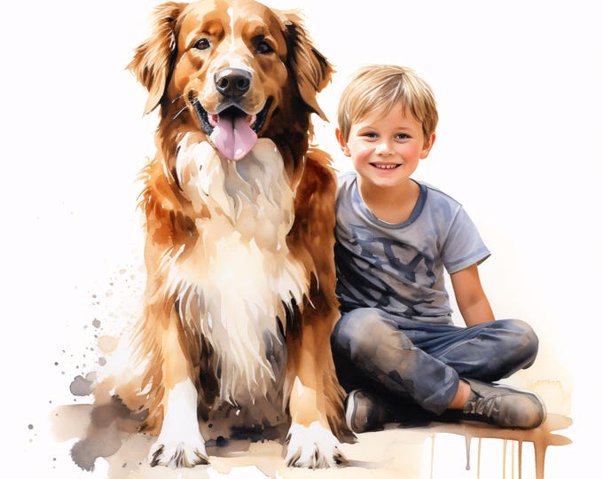 Boy and Dog Clipart, Best Friends Images, 10 Watercolor Clip Art, Printable JPGs, Instant Download, Commercial Use, Paper craft
