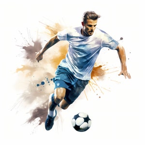 Clipart de jogador de futebol, imagens de homem jogando futebol, 10 clipart em aquarela, JPGs para impressão, download instantâneo, uso comercial, artesanato em papel