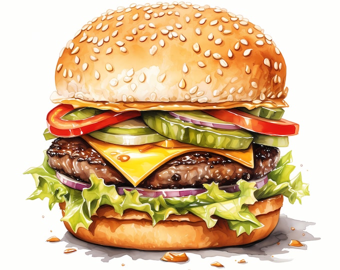 Cheeseburger Clipart, Tasty Burger, Hamburger Images, 10 Watercolor Clip Art, Printable JPGs, Instant Download, Commercial Use, Paper craft
