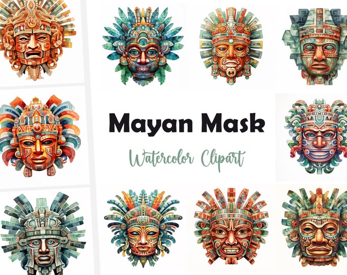 Mayan Mask Clipart, Ancient Masks Images, 10 Watercolor Clip Art, Printable JPGs, Instant Download, Commercial Use, Paper craft