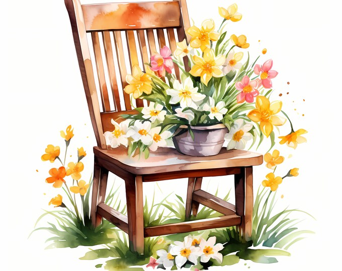 Flowers Chair Clipart, Wooden Garden Chair Images, 10 Watercolor Clip Art, Printable JPGs, Instant Download, Commercial Use, Paper craft