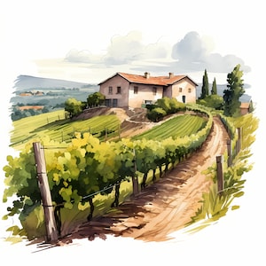 Imágenes prediseñadas de viñedos, imágenes de paisajes de campos de vino, 10 imágenes prediseñadas de acuarela, archivos JPG imprimibles, descarga instantánea, uso comercial, manualidades de papel