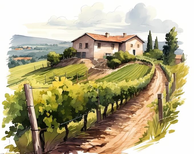 Vineyard Clipart, Wine Fields Landscape Images, 10 Watercolor Clip Art, Printable JPGs, Instant Download, Commercial Use, Paper craft