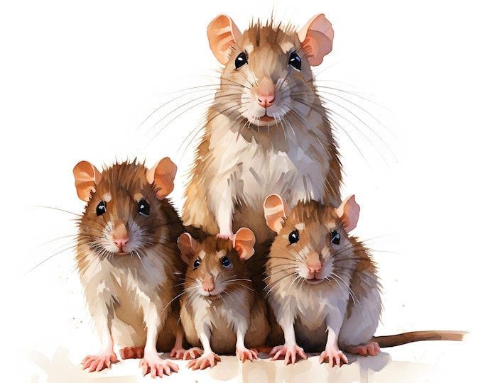 Rat Family Clipart, Rats Images, 10 Watercolor Clip Art, Printable JPGs, Instant Download, Commercial Use, Paper craft
