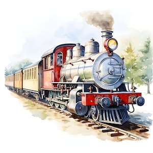 Imágenes de trenes navideños, imágenes de locomotoras de invierno, 10 imágenes prediseñadas de acuarela, archivos JPG imprimibles, descarga instantánea, uso comercial, manualidades de papel