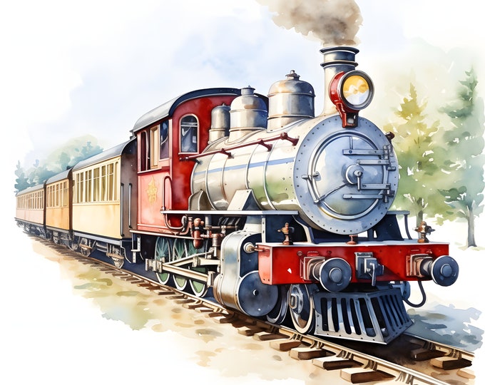 Christmas Train Clipart, Winter Locomotives Images, 10 Watercolor Clip Art, Printable JPGs, Instant Download, Commercial Use, Paper craft