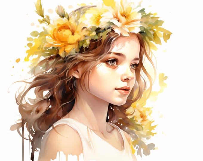 Watercolor Flower Girl Portrait Clipart: Boho Floral Crown (JPG Digital Download, Commercial Use)