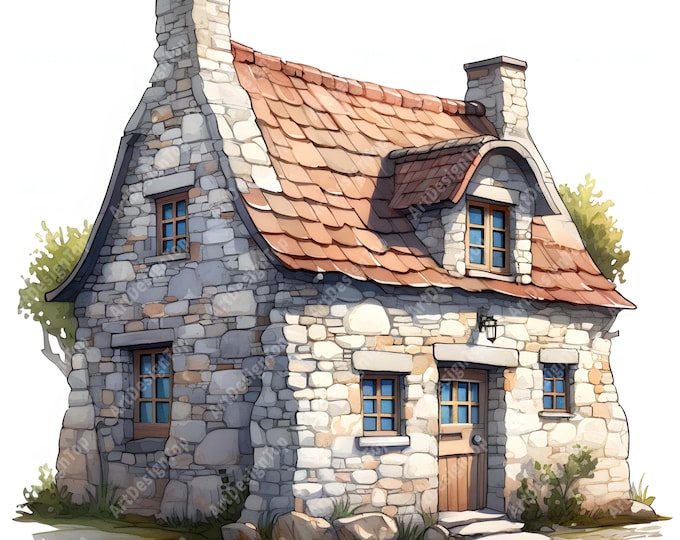 Stone Cottage Clipart, Stone House Images, 10 Watercolor Clip Art, Printable JPGs, Instant Download, Commercial Use, Paper craft