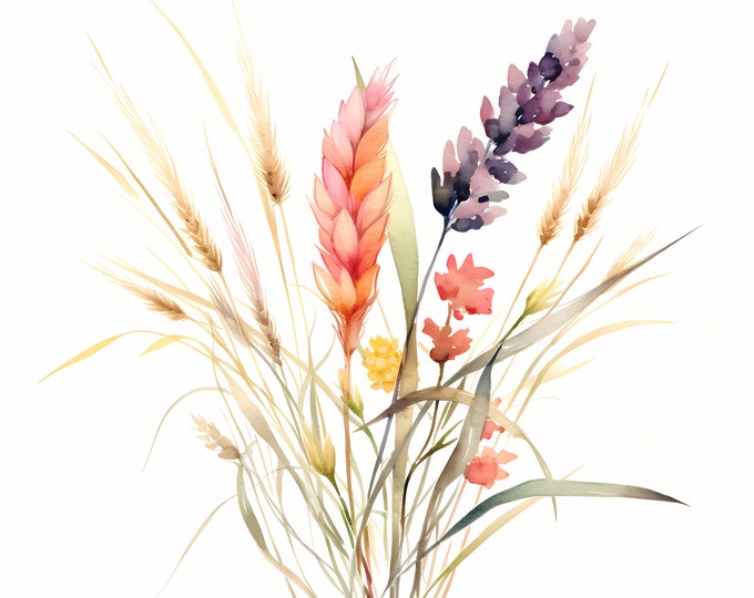 Pampas Grass Clipart, Boho Flowers Bouquet Images, 10 Watercolor Clip Art, Printable JPGs, Instant Download, Commercial Use, Paper craft