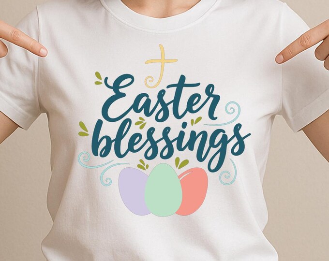 Easter Blessings SVG, Religious Cross with Easter Eggs T-Shirt Print, Faith DXF PNG Cutting File Design for Cricut Silhouette