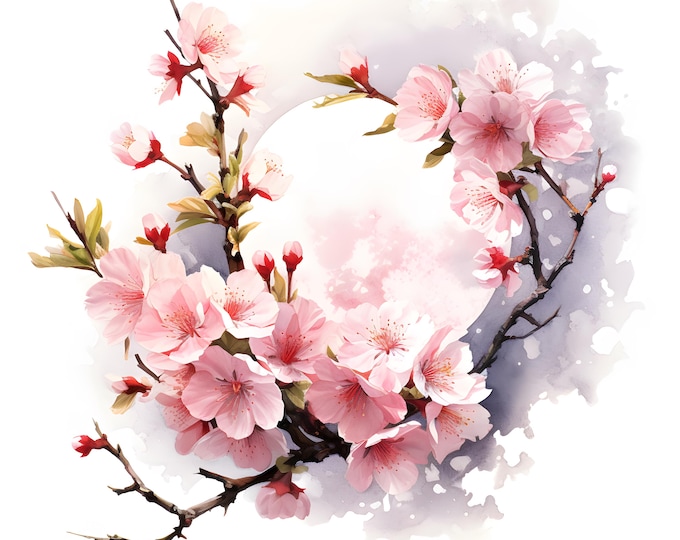 Sakura And Moon Clipart, Moon Cherry Blossom Images, 10 Watercolor Clip Art, Printable JPGs, Instant Download, Commercial Use, Paper craft