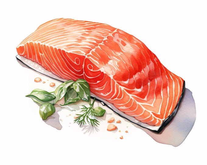 Salmon Fillet Clipart, Fresh Fish Food Images, 10 Watercolor Clip Art, Printable JPGs, Instant Download, Commercial Use, Paper craft