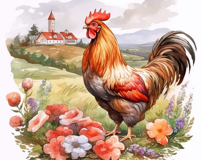Rooster Clipart, Domestic Birds Images, 10 Watercolor Clip Art, Printable JPGs, Instant Download, Commercial Use, Paper craft