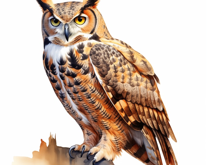Owl Clipart, Great Horned Owl Images, 10 Watercolor Clip Art, Printable JPGs, Instant Download, Commercial Use, Paper craft