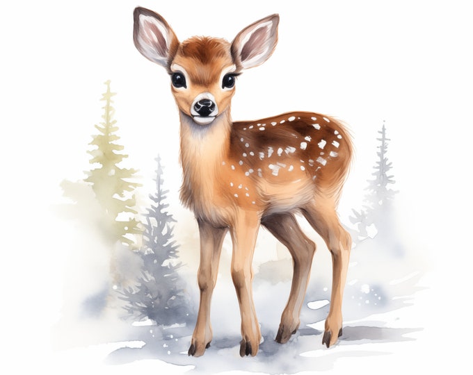 Fawn Clipart, Fawn in Winter Images, 18 Watercolor Clip Art, Printable JPGs, Instant Download, Commercial Use, Paper craft