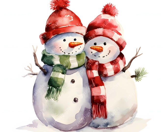 Snowmen Couple Clipart, Snowman Hugging Images, 10 Watercolor Clip Art, Printable JPGs, Instant Download, Commercial Use, Paper craft