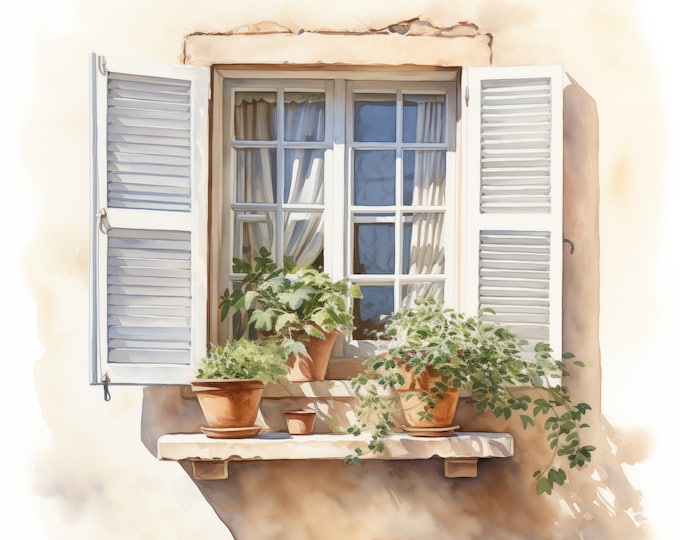 Mediterranean Window Clipart, Exterior Windows Images, 10 Watercolor Clip Art, Printable JPGs, Instant Download, Commercial Use, Paper craft
