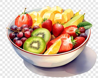 8 PNG Fruit Bowl Clipart, Fresh Fruit Basket Images, Watercolor Clip Art, Instant Download, Commercial Use, Paper craft, Kitchen Decor