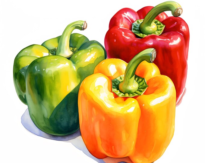 Bell Peppers Clipart, Sweet Peppers Images, 10 Watercolor Clip Art, Printable JPGs, Instant Download, Commercial Use, Paper craft