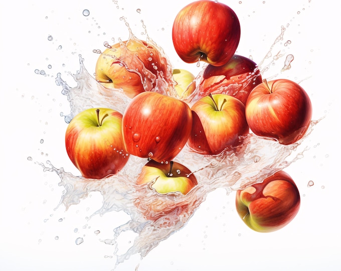 Red Apples Clipart, Fruit Splash Images, 10 Watercolor Clip Art, Printable JPGs, Instant Download, Commercial Use, Paper craft