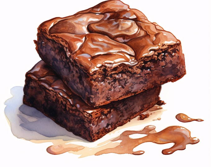 Watercolor Brownie Clipart: Chocolate Dessert Images (JPG Digital Download, Commercial Use)