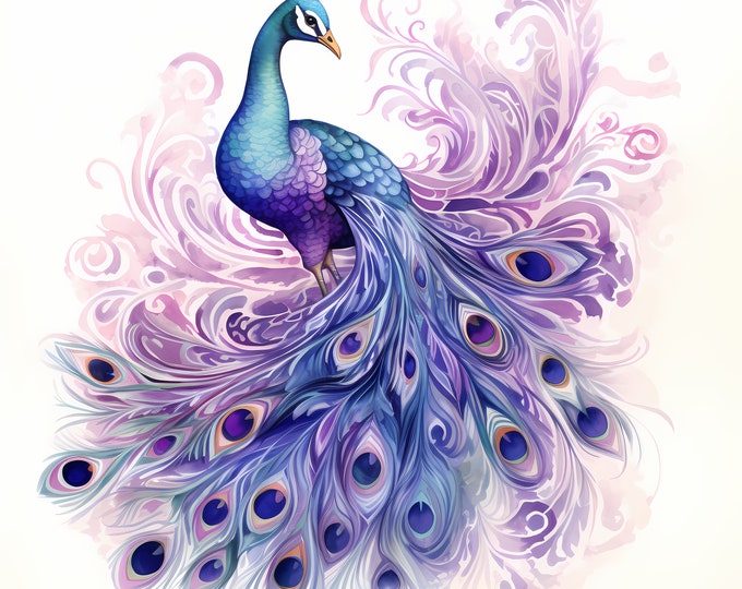 Peacock Clipart, Purple Peacock Images, 10 Watercolor Clip Art, Printable JPGs, Instant Download, Commercial Use, Paper craft