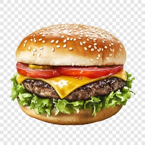 Może przedstawiać: Akwarelowa ilustracja klasycznego hamburgera. Burger ma bułkę sezamową, kotlet wołowy, roztopiony ser, plasterki pomidora, ogórek kiszony i sałatę. Obraz jest żywy i apetyczny.