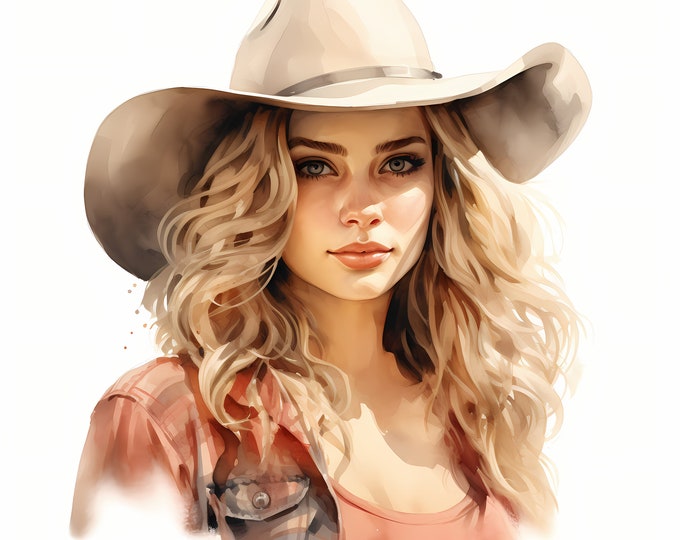 Cowgirl Clipart, Cowgirl with Cowboy Hat Images, 10 Watercolor Clip Art, Printable JPGs, Instant Download, Commercial Use, Paper craft